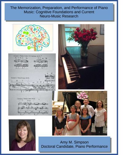 Amy Simpson, headshot, music scores, piano, image of children with a piano, image of brain
